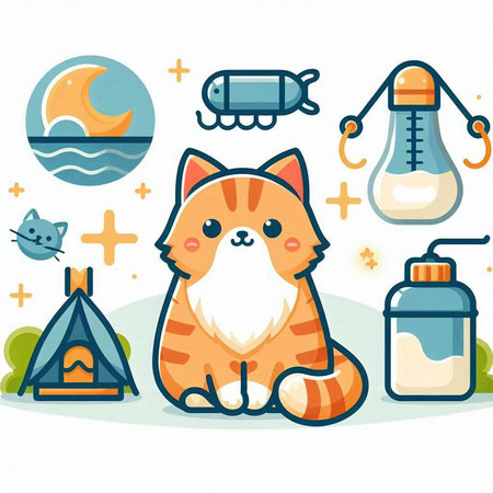 Cute cat and camping equipment. Vector illustration in cartoon style.のイラスト素材