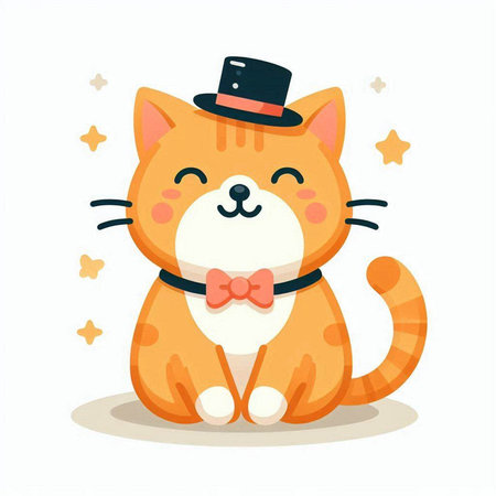 Cute cartoon cat with bow tie and top hat. Vector illustration.のイラスト素材