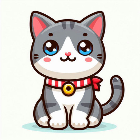 Cute cartoon cat with red collar isolated on white background. Vector illustration.のイラスト素材