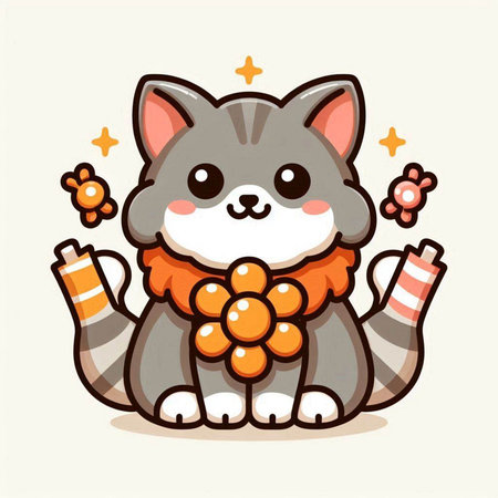 Cute cartoon cat with scarf and flower in hand. Vector illustration.のイラスト素材