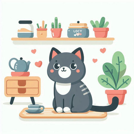 Cute cat in the room. Vector illustration in flat style.のイラスト素材