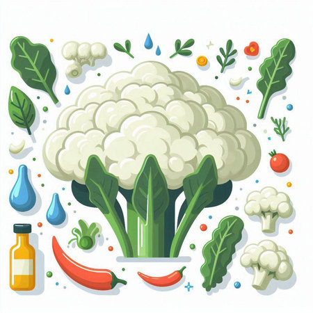 Cauliflower and vegetables. Vector illustration in flat cartoon style.のイラスト素材