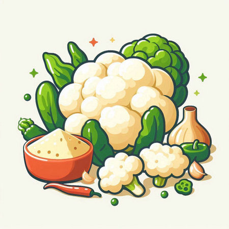 Cauliflower and ingredients for cooking. Vector illustration in cartoon style.のイラスト素材