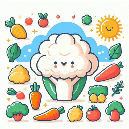 Cute cauliflower and vegetables. Vector illustration in cartoon style.のイラスト素材