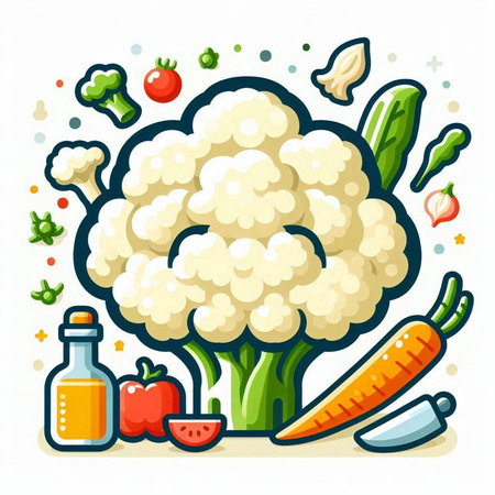 Cauliflower and ingredients for cooking. Vector illustration in cartoon style.のイラスト素材