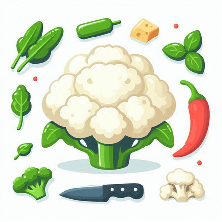 Cauliflower, broccoli, pepper, knife and basil. Vector illustration.のイラスト素材