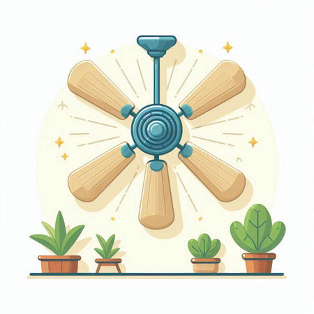 Ceiling fan with flower pots on white background. Flat vector illustration.のイラスト素材