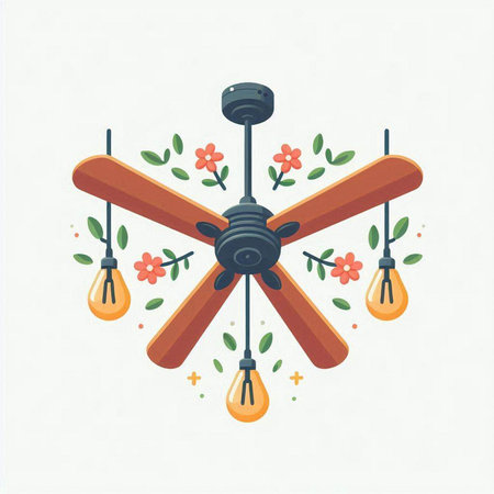 Ceiling fan with flowers and bulbs. Vector flat illustration.のイラスト素材