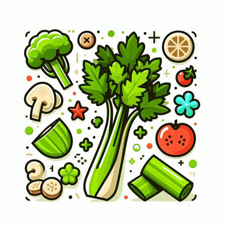 Vector illustration of green celery, parsley, tomato, mushrooms and leek.のイラスト素材