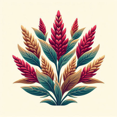 Vector illustration of red and yellow cockscomb with green leaves on white backgroundのイラスト素材