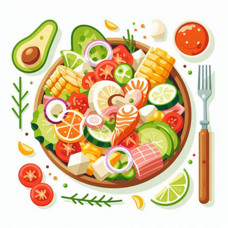 Healthy food vector illustration. Vegetable salad with salmon, avocado, tomato, cucumber, onion, pepper, lime, olive oil, lemon, parsley, rosemary and spices.のイラスト素材