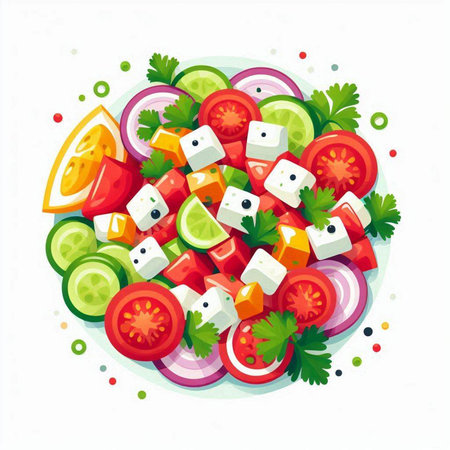 Salad with tomato, cucumber, onion and feta cheese. Vector illustration.のイラスト素材