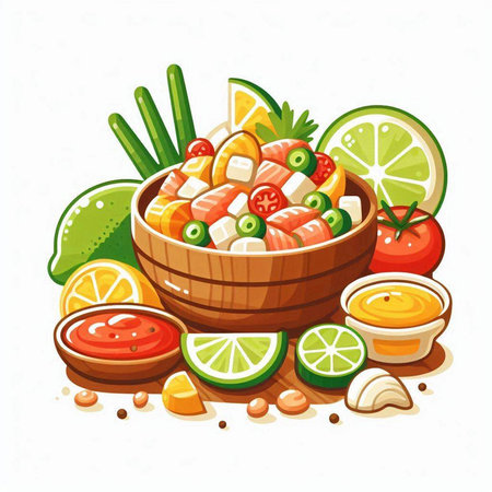 Illustration of a bowl of fresh fish salad with ingredients on a white backgroundのイラスト素材