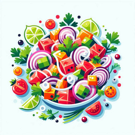 Vector illustration of fresh vegetable salad with tomato, cucumber, onion, pepper, lemon and parsley.のイラスト素材