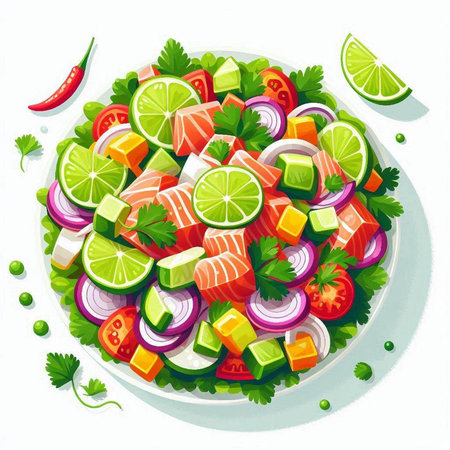 Salmon salad with lime, onion and parsley. Vector illustrationのイラスト素材