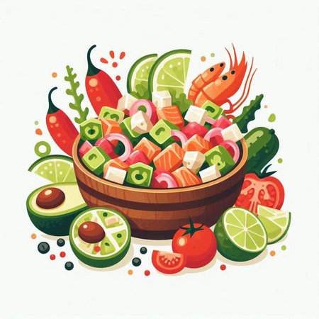 Salad with shrimps, tomatoes, cucumbers and olives. Vector illustration.のイラスト素材