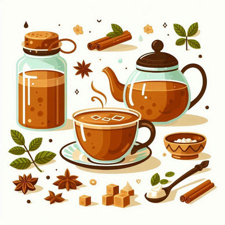 Coffee cup with cinnamon, anise, sugar and spices. Vector illustrationのイラスト素材