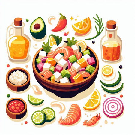 Salad with fish and vegetables. Vector illustration in cartoon style.のイラスト素材
