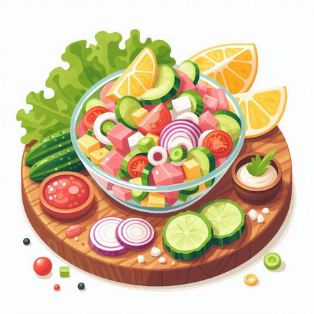 Salad with shrimps. Vector illustration in flat style.のイラスト素材