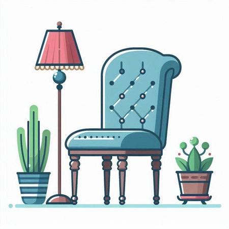 Vector illustration of an armchair, lamp and potted plants.のイラスト素材