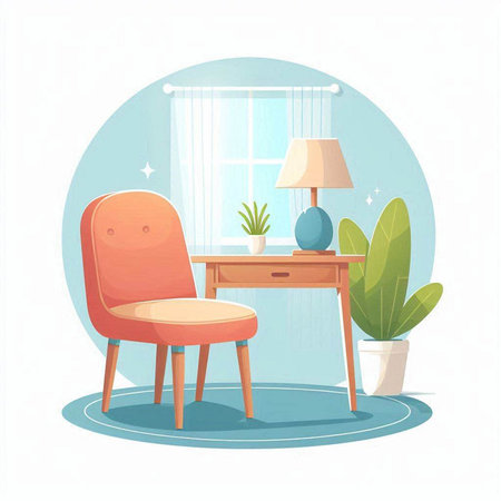 Vector illustration of a room interior with a chair, a table and a lampのイラスト素材