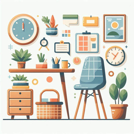 Flat design modern vector illustration concept of home office. Workplace with desk, chair, plants, clock and other items.のイラスト素材