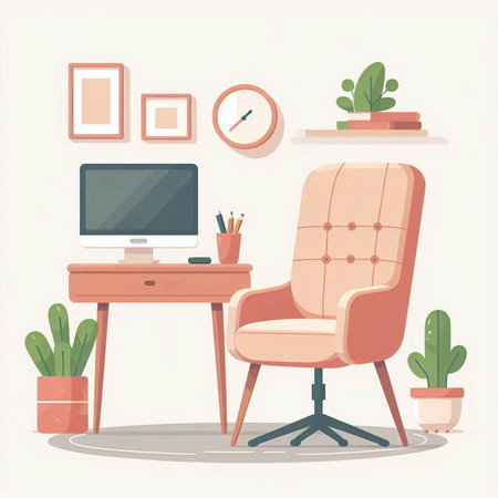 Vector illustration of modern living room interior with armchair, computer, table and plants.のイラスト素材