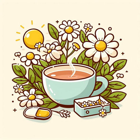 Cup of tea with chamomile flowers. Vector illustration.のイラスト素材