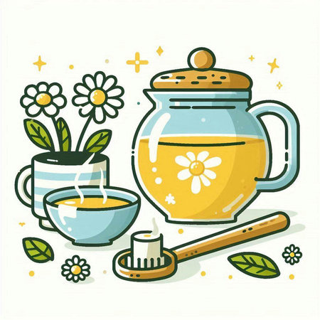 Vector illustration of herbal tea in glass teapot, cup, spoon, flower and leaves.のイラスト素材