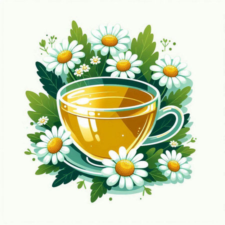 Cup of herbal tea with camomile flowers. Vector illustration.のイラスト素材