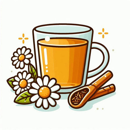 Cup of tea with chamomile and cinnamon, vector illustrationのイラスト素材