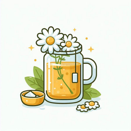 Chamomile tea in a glass mug. Vector illustration.のイラスト素材