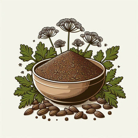 Powdered fennel seeds in a bowl. Vector illustration.のイラスト素材