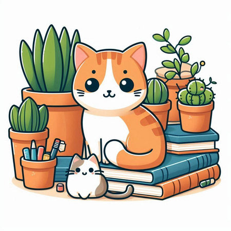 Cute cartoon cat sitting on pile of books and plants. Vector illustration.のイラスト素材