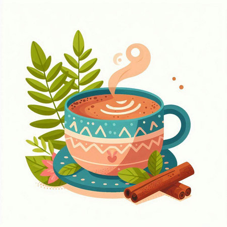 Cup of coffee with cinnamon and leaves. Vector illustration in flat style.のイラスト素材