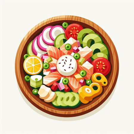 Salad with salmon, tomato, cucumber, onion, pepper, lemon and olives in a wooden plate.のイラスト素材