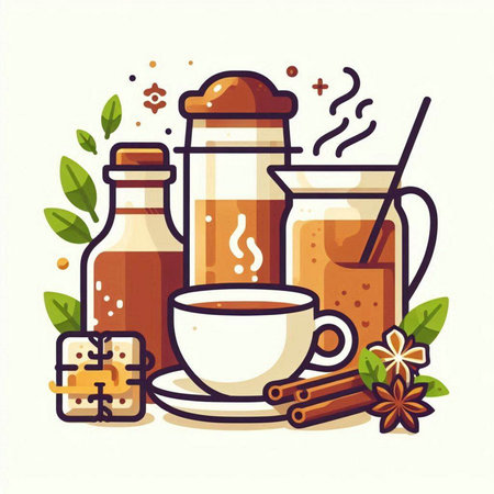Tea and coffee icons set. Vector illustration in flat cartoon style.のイラスト素材