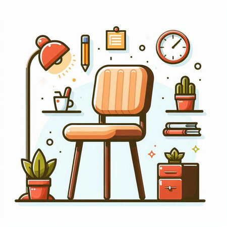 Vector illustration of modern office interior with chair, books, lamp, clock, cactus and plants. Flat style design.のイラスト素材