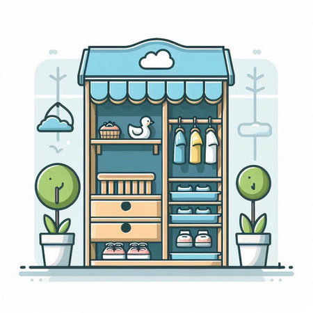 Vector illustration of a shop window with awning and shelves.のイラスト素材