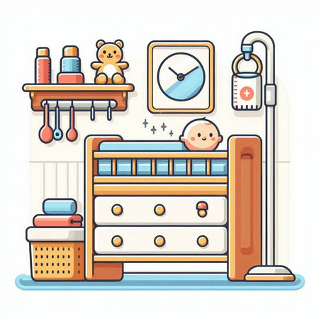 Vector illustration of baby room with furniture and toys. Flat style.のイラスト素材