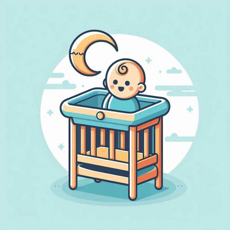 Baby boy in the cradle. Vector illustration in flat cartoon style.のイラスト素材