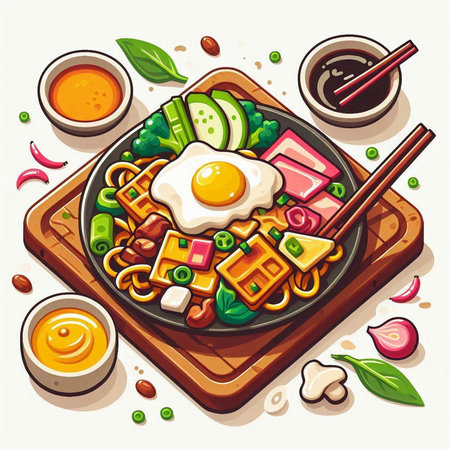 Illustration of a bowl of noodle with fried egg and vegetablesのイラスト素材