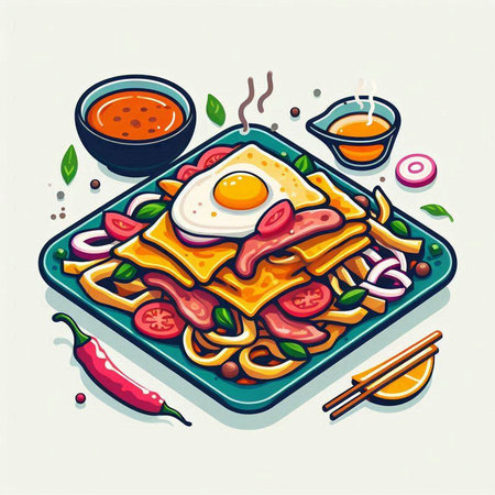 Illustration of traditional chinese dish with fried egg, noodles and vegetablesのイラスト素材