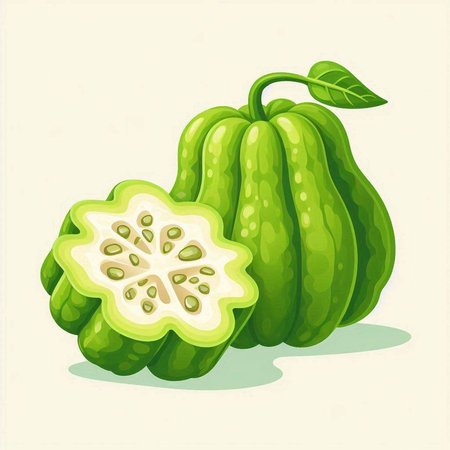 Green papayas on a white background. Vector illustration in cartoon style.のイラスト素材