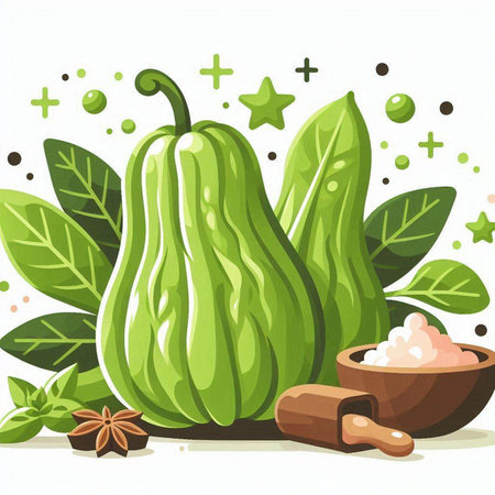 Illustration of Cucumber with Leaves and Spices on White Backgroundのイラスト素材