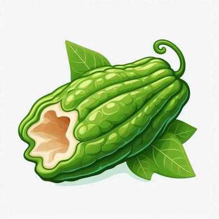 Bitter melon with leaves isolated on white background. Vector illustration.のイラスト素材