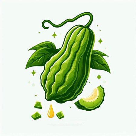 Vector illustration of fresh green bitter melon with leaves and drop of juice.のイラスト素材