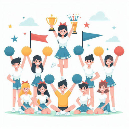 Cheerleaders with trophy and cup. Cheerful cheerleaders. Cheerleading teamのイラスト素材