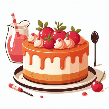 Cake with cream and strawberries on a white background. Vector illustrationのイラスト素材