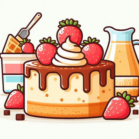 Illustration of a Strawberry Cheesecake with Milk and Ice Creamのイラスト素材